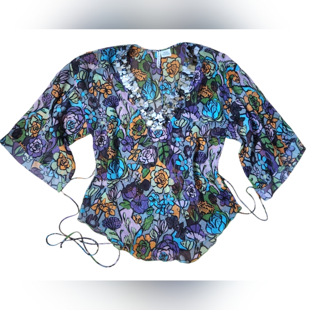 Tom K Nguyen Multi-Color Floral Silk Top Sequin Y2K Boho Art Cottagecore Fest XS